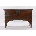 George III six plank oak coffer, with steel lockplate, raised on arched supports, 96cm wide, 37cm