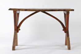 Charming George III primitive tavern table, circa 1800, the fruitwood top made from two planks above