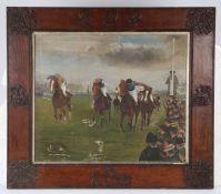 J.E. Shedd, horses and jockeys crossing the finishing line with spectators looking on, signed oil on
