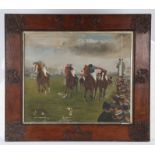 J.E. Shedd, horses and jockeys crossing the finishing line with spectators looking on, signed oil on