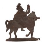Military outfitters trade sign, with a figure seated on horseback to the metal sign, 65cm wide, 70cm