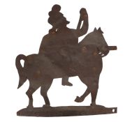 Military outfitters trade sign, with a figure seated on horseback to the metal sign, 65cm wide, 70cm