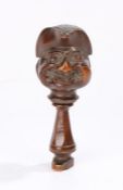 18th Century English yew wood grotesque face nutcracker, the face of a man with a tricorn hat and