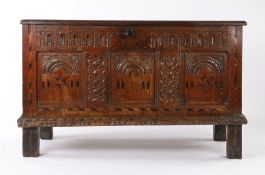Charles I oak and inlaid coffer, Yorkshire 1640, the rectangular three panel top above a thumb