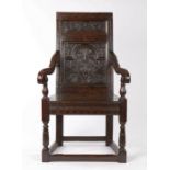 Charles II joined oak and inlaid panel-back open armchair, South-West Yorkshire/East Lancashire,