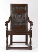 Charles II joined oak and inlaid panel-back open armchair, South-West Yorkshire/East Lancashire,