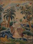 An English needlework picture, circa 1700 with a woman in a garden with stag and leopard reclining