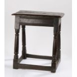 Charles I oak joint stool, circa 1640, the rectangular top above a carved frieze and angled turned