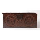 James I 17th Century English oak table box, circa 1620, with chip carved lid above a frieze carved