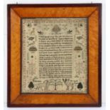 18th/19th Century sampler, with a central poem and surround featuring insects, squirrels, cats,