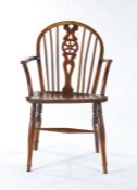 19th Century Thames Valley fruit wood and elm Windsor chair, the arched back with a wheel to the