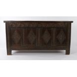 Charles I oak boarded coffer, West Country, circa 1640, the rectangular top with chip carved edge