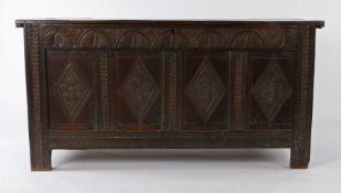 Charles I oak boarded coffer, West Country, circa 1640, the rectangular top with chip carved edge