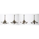 Set of four 19th Century painted hanging chandeliers, in olive green paint the long arm above a