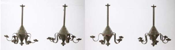 Set of four 19th Century painted hanging chandeliers, in olive green paint the long arm above a