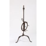 Late 18th Century wrought iron lark spit, the finial above a stem and adjustable circular pronged