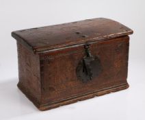 Late 17th Century Spanish chip carved casket, the slightly domed top opening to reveal a carved