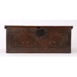 Charles I oak and elm boarded box, West Country, circa 1630, the front carved and punch-decorated