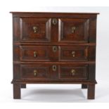 Small William and Mary oak chest of drawers, circa 1690, having a typically thin boarded top above