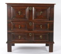 Small William and Mary oak chest of drawers, circa 1690, having a typically thin boarded top above