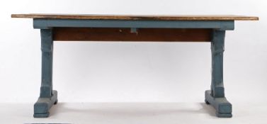 20th Century pine and painted pine trestle end table, with a rectangular top above Gothic form