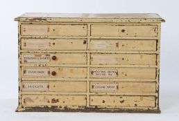 Victorian cream painted haberdashers cabinet, of twelve shirt drawers, 71cm wide, 34cm deep, 46cm