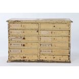 Victorian cream painted haberdashers cabinet, of twelve shirt drawers, 71cm wide, 34cm deep, 46cm