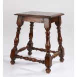 Late 17th Century French Walnut joint stool, the rectangular top above out swept turned legs
