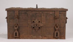 17th Century armada type bound iron chest, the rectangular hinged top with key and strap work