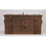 17th Century armada type bound iron chest, the rectangular hinged top with key and strap work