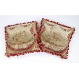 Pair of 18th Century cushion covers, the first depicting a reclining cow and calf with foliate