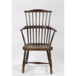 English George III stick back ash and elm painted Windsor armchair, West Country, circa 1800/1820,