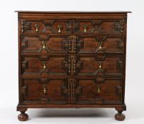 Charles II oak geometric chest of drawers, circa 1680, the rectangular top above two short and three