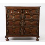 Charles II oak geometric chest of drawers, circa 1680, the rectangular top above two short and three