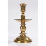 Late 17th Century Dutch Heemskerk type brass alloy candlestick, with a pierced socket above the