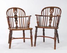 Near pair of fruitwood and elm Windsor armchairs, the arched backs with a shaped and pierced splat