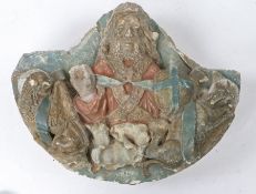 Late 15th Century ceiling boss, fragment of God the Father with the lamb of God in original