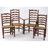 Set of four George III Lancashire chairs, circa 1770-1820, with stylised low heart splats above rush