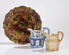 Pottery, to include a Delft jug in the form of a cottage in blue and white, SB to the base, 10cm