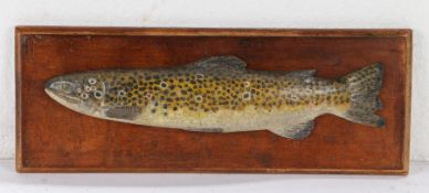 Charming late 19th Century carved wood fishing trophy, carved as a rainbow trout with a speckled