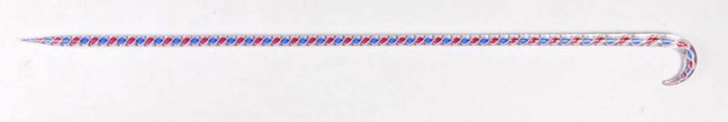 19th Century Nailsea glass walking stick, with a blue and white and red spiral centre and arched