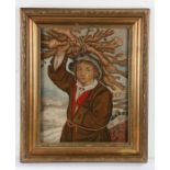 19th Century silk and woolwork picture, of a figure in a long jacket carrying firewood on his head