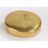 William III 17th Century brass named and dated snuff box, the oval box with an etched crown above