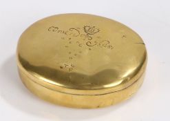 William III 17th Century brass named and dated snuff box, the oval box with an etched crown above