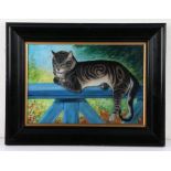 British early 20th Century primitive school, F. Paton, a cat resting on a blue fence, signed oil