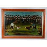 British Folk art, a naive picture depicting a Cock Fight, the two cockerels to the centre of the