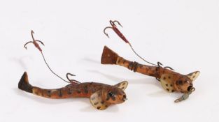 Two charming Folk art fishing lures, as minnows with painted bodies and leather tail fin, 8cm