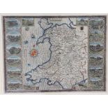 John Speed, coloured map engraving, Wales, 1610, with cartouches to the borders depicting Beaumaris,