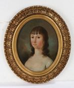 18th Century British school, portrait of a young lady, oil on oval board, 22.5cm x 29cm excluding