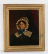 19th Century primitive school, lady in her bonnet and black dress, unsigned oil on board, 27cm x